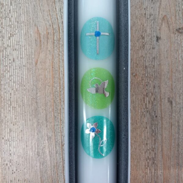 Taufkerze "Kreuz Taube Blume"